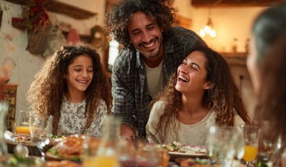 Photo of happy hispanic family laughing at the table, dad is standing behind mom and daughter while they both laugh out loud with joy, candid shot, warm colors, cozy home setting, candid photography s