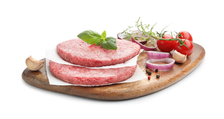 Fresh raw patties for burger, tomatoes and spices isolated on white
