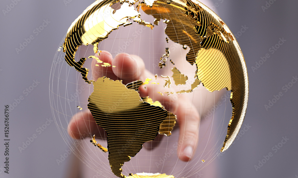Fototapete Abstract image of a hand interacting with a golden globe, symbolizing global connections and networking.