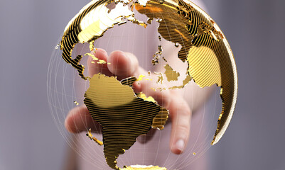 Abstract image of a hand interacting with a golden globe, symbolizing global connections and...