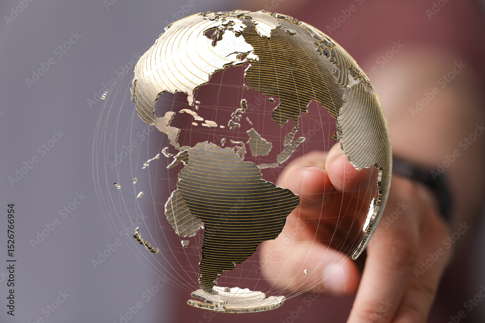 Leinwandbilder Abstract image of a hand interacting with a 3D model of the Earth, symbolizing global connectivity and networking.