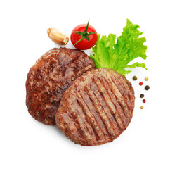 Delicious hamburger patties, tomato and spices isolated on white, top view