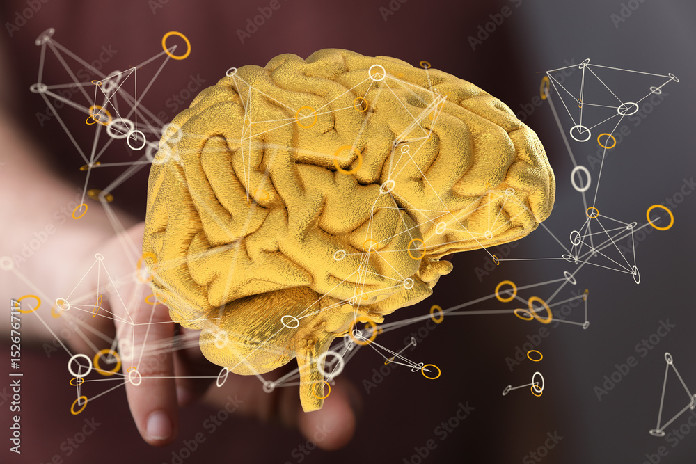 Leinwandbilder Abstract image of a golden brain with neural network connections.  Represents intelligence, AI, and cognitive function.