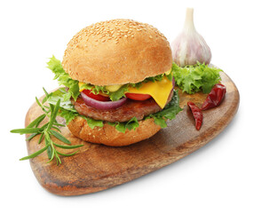 Delicious hamburger with patty and cheese isolated on white