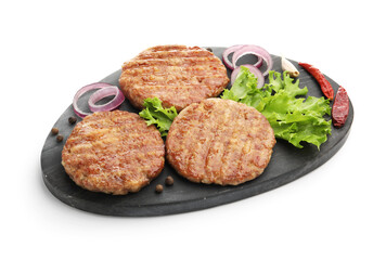 Delicious hamburger patties and spices isolated on white