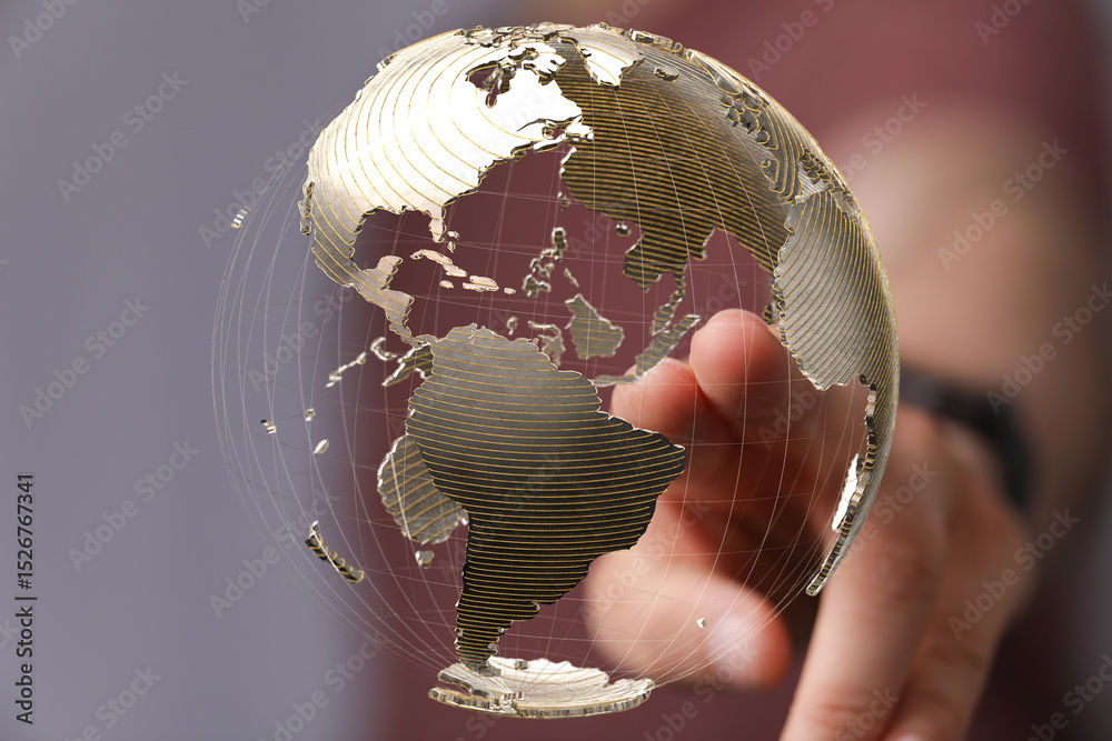 Poster High-quality stock photo of a hand interacting with a digital 3D model of the Earth, representing global connectivity and technology.