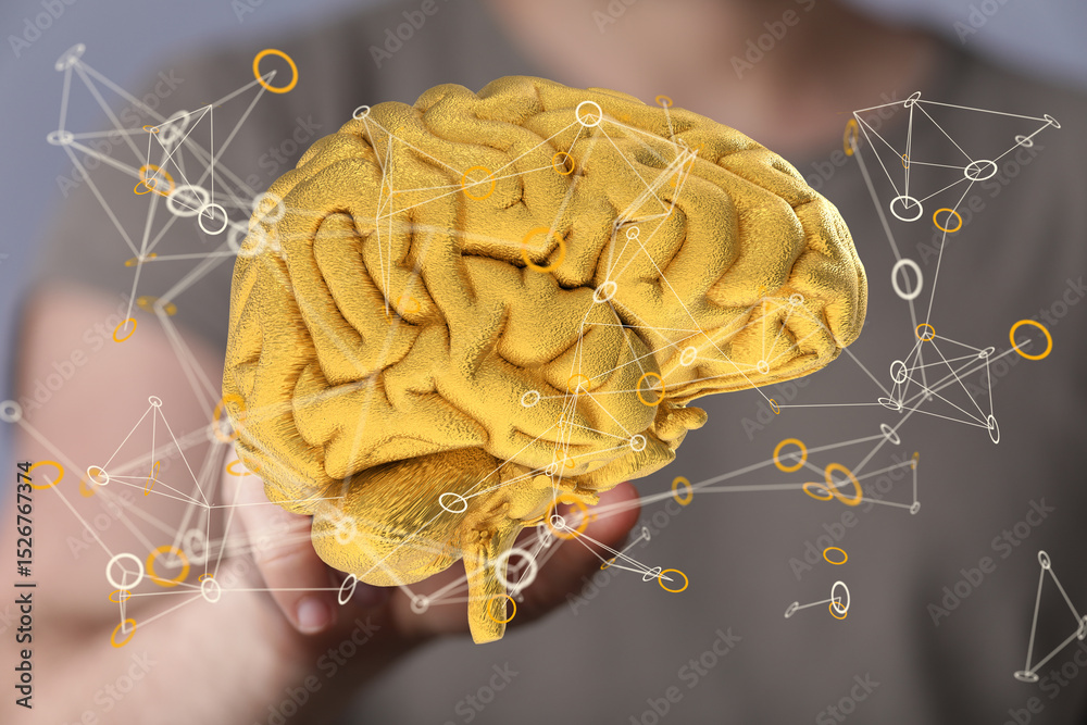 Poster 3d golden brain model with network connections. perfect for ai, neuroscience, and technology concept