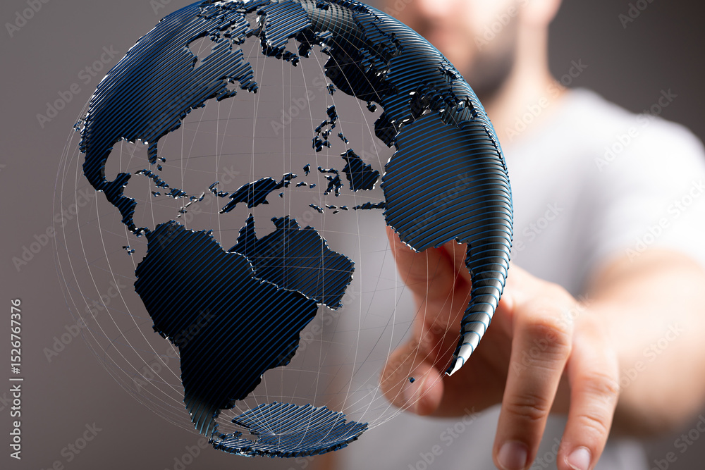 Poster A man interacts with a digital globe, showcasing global connectivity and networking.