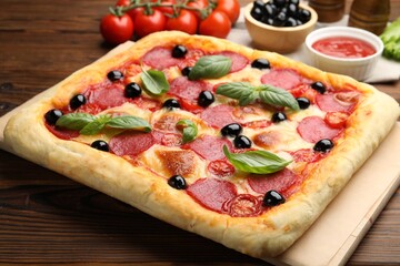 Tasty homemade pizza and ingredients on wooden table, closeup