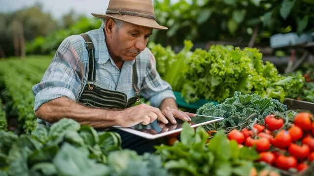 Senior Caucasian man in a straw hat using a tablet in a vegetable garden. Fresh tomatoes and leafy greens are visible around him.