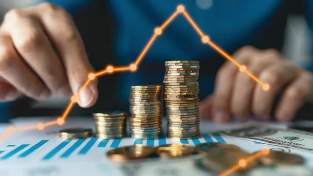 Hands of a young Caucasian man stacking coins on a financial report with a rising graph. The scene represents investment and economic growth.