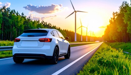 A sleek white modern electric vehicle cruises along a scenic rural road lined with towering wind turbine farms, symbolizing a clean, sustainable future powered by renewable energy and innovation