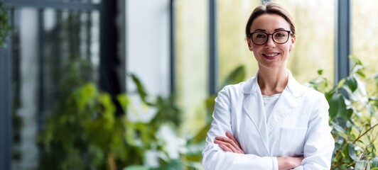 The female scientist smiling confidently in a laboratory filled with green plants.