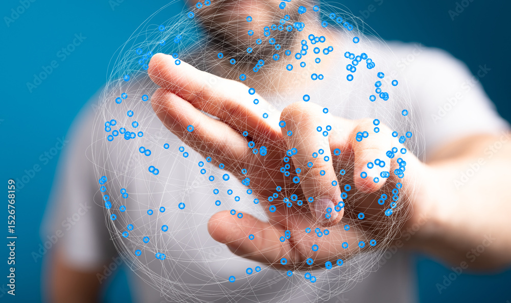 Poster person's hand interacts with a digital sphere representing global network connections. technology, c