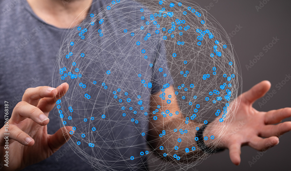 Leinwandbilder Abstract image of a person interacting with a digital global network, representing connection and technology.