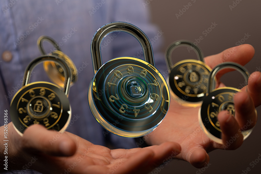 Aufkleber image of hands holding multiple combination locks, symbolizing data security and protection.