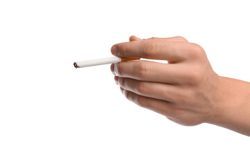 Man with cigarette on white background, closeup