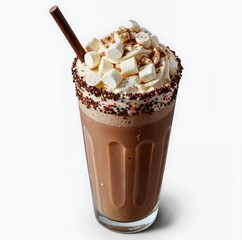 A delicious chocolate milkshake topped with marshmallows, sprinkles, and a cinnamon stick, served in a tall glass
