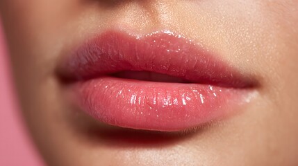 Close-up view of a woman's lips after lip filler injection showcasing a voluminous and beautiful look with natural gloss