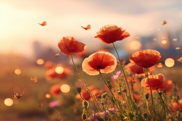 Fototapeta premium Vibrant Field of Orange Poppies with Butterflies Dancing in the Twilight Glow of Evening Sunlight Over a Scenic Landscape