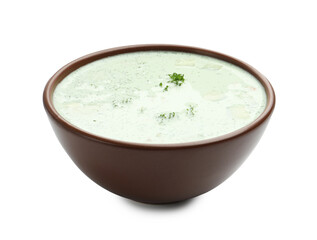 Tasty cucumber soup with parsley isolated on white