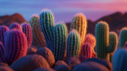 highly realistic depiction of a desert landscape at sunset, highlighting various types of cacti in a vibrant and colorful setting. Artwork or prints for home decor.