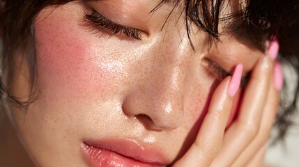 Extreme close-up of an asian woman's face with frizzy hair and a glowing complexion showcasing her natural beauty