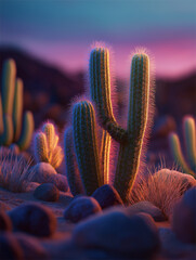 highly realistic depiction of a desert landscape at sunset, highlighting various types of cacti in a vibrant and colorful setting. Artwork or prints for home decor.