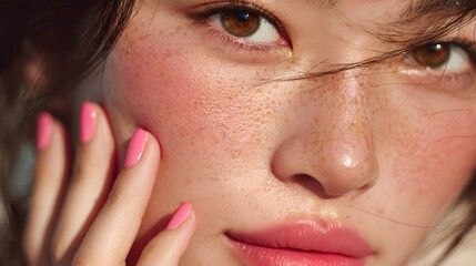 Extreme close-up of an asian woman's face highlighting unique freckling with natural glow and radiant skin texture