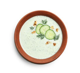 Tasty cucumber soup with dill and walnuts isolated on white, top view