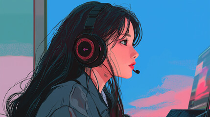 Stylish Woman with Headphones Listening to Music – Digital Art on Gradient Background