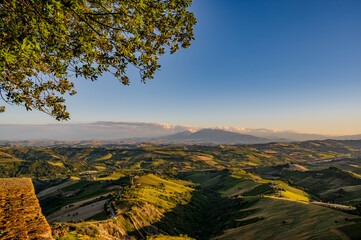 Marche, spectacular view and sunset on the Marche hills from the Ripatransone viewpoint.