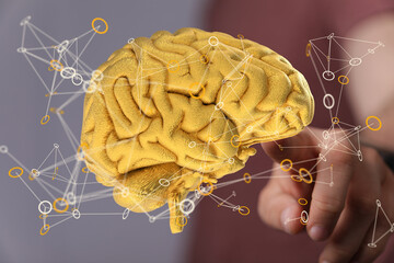 3D golden brain model,neural network, human intelligence, connections, technology, innovation, futuristic concept.