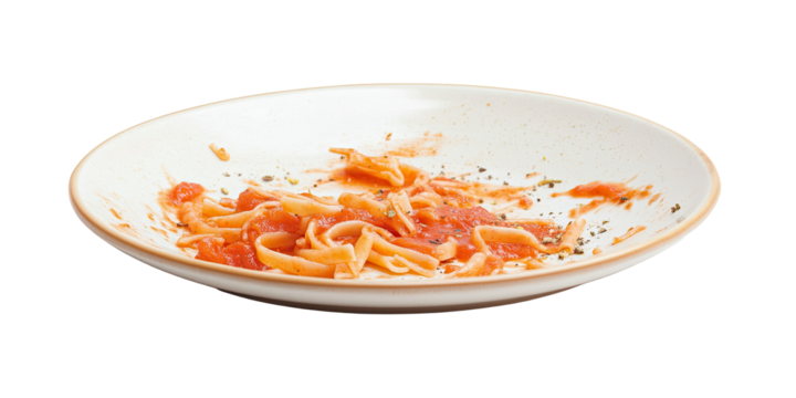 Used ceramic dish with red sauce and pasta noodles remains after dinner consumption isolated on white transparent background