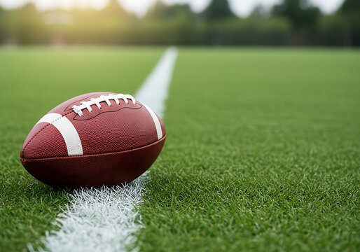 An American football rests on a white line on a vibrant green field, ready for play.