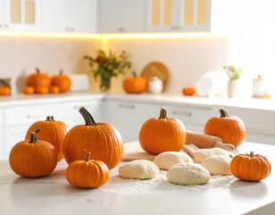 Pumpkins and dough balls are displayed on a countertop in a bright kitchen.