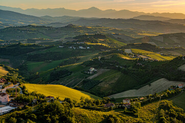 Marche, spectacular view and sunset on the Marche hills from the Ripatransone viewpoint.