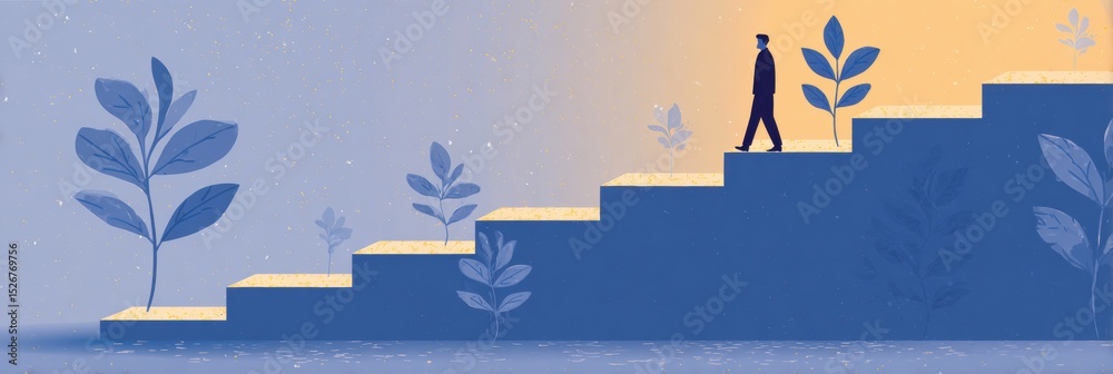 Poster goal setting and habit stacking infographic illustrating a person ascending a staircase surrounded b