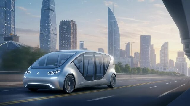Futuristic self driving car driving on highway. Autonomous vehicle concept footage. Innovation in urban transport