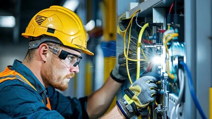 Skilled caucasian male electrician in safety gear inspecting electrical wires on industrial site. concept of electrical safety, industrial maintenance, professional expertise, repair