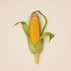 A single ear of corn with golden kernels and green husk, isolated on background.	