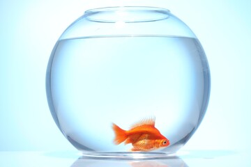 Gold fish swimming in aquarium with clean water on light blue background