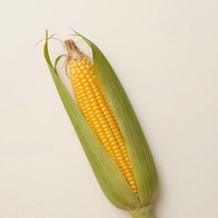 A single ear of corn with golden kernels and green husk, isolated on background.	