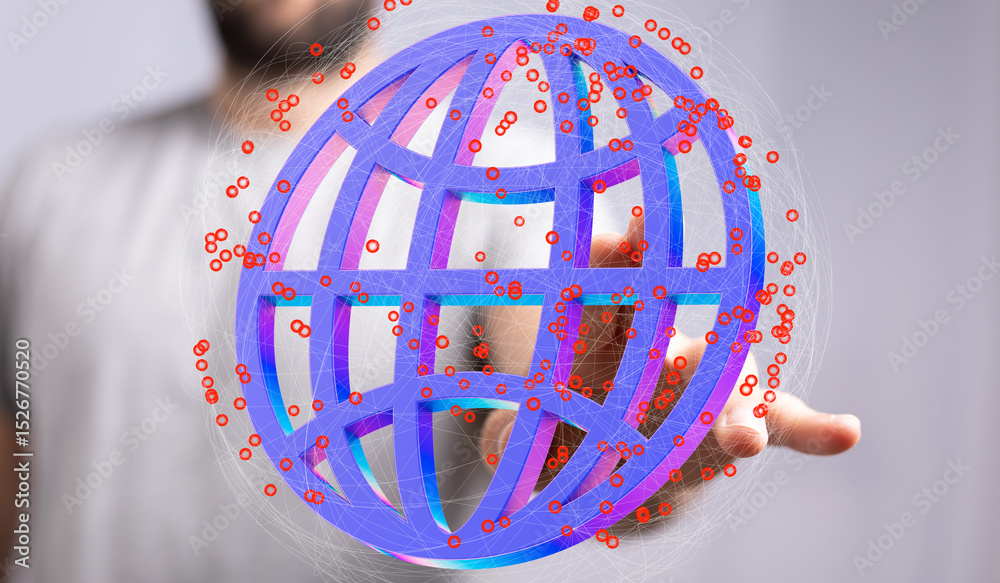 Poster Person interacts with a digital globe, symbolizing global network and connections.