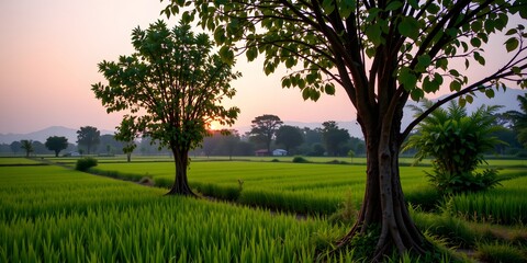 Obraz premium Tranquil Rice Field at Sunset: A serene panorama unfolds as the sun dips below the horizon, casting a warm glow upon the lush green rice fields, framed by majestic trees.