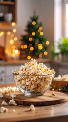 Naklejka premium Popcorn bouncing energetically inside a glass bowl under soft glowing kitchen lights during preparation.