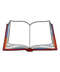 A cartoon drawing of an open book with blank pages, red cover, and colorful edges