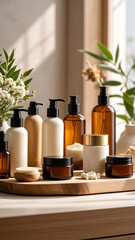 A quick pan across a collection of aesthetically arranged skincare products, highlighting a self-care routine.