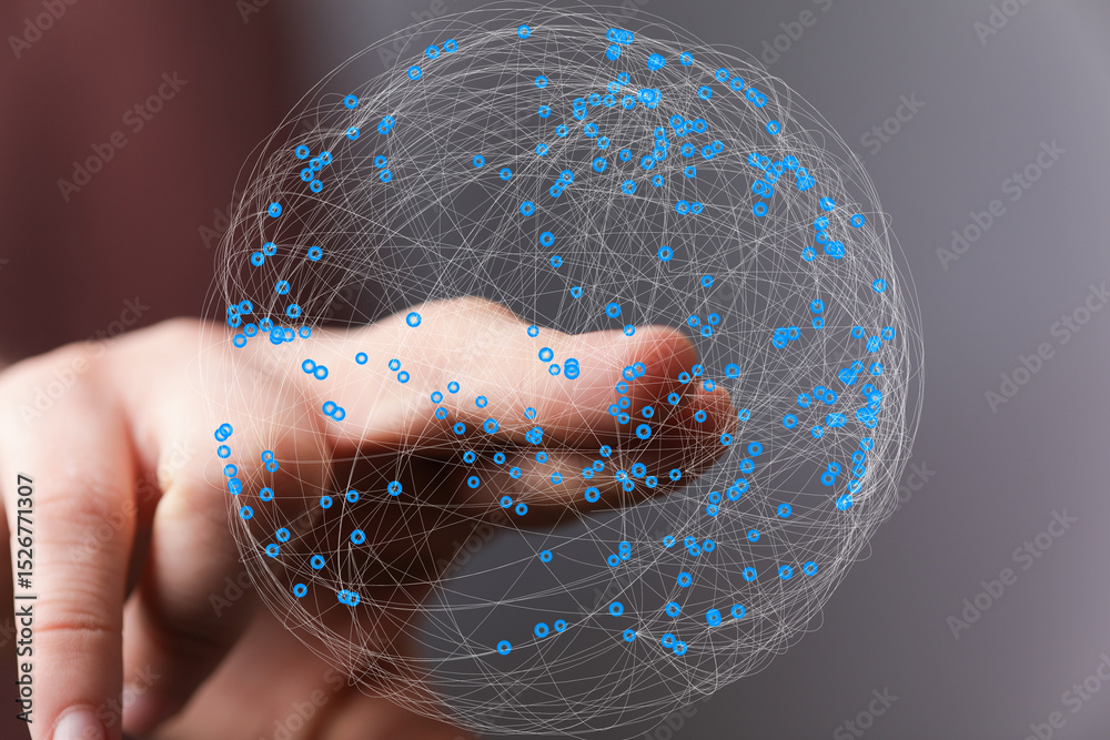 Poster Abstract image of a hand interacting with a digital sphere representing global network connections and data.