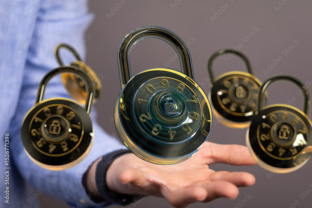 Poster Image of several combination locks hovering over an open hand, symbolizing data security and protection.